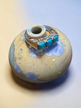 Sleeping Beauty  Turquoise Triple Stone Ring set in .925 Sterling  size 5   NEW